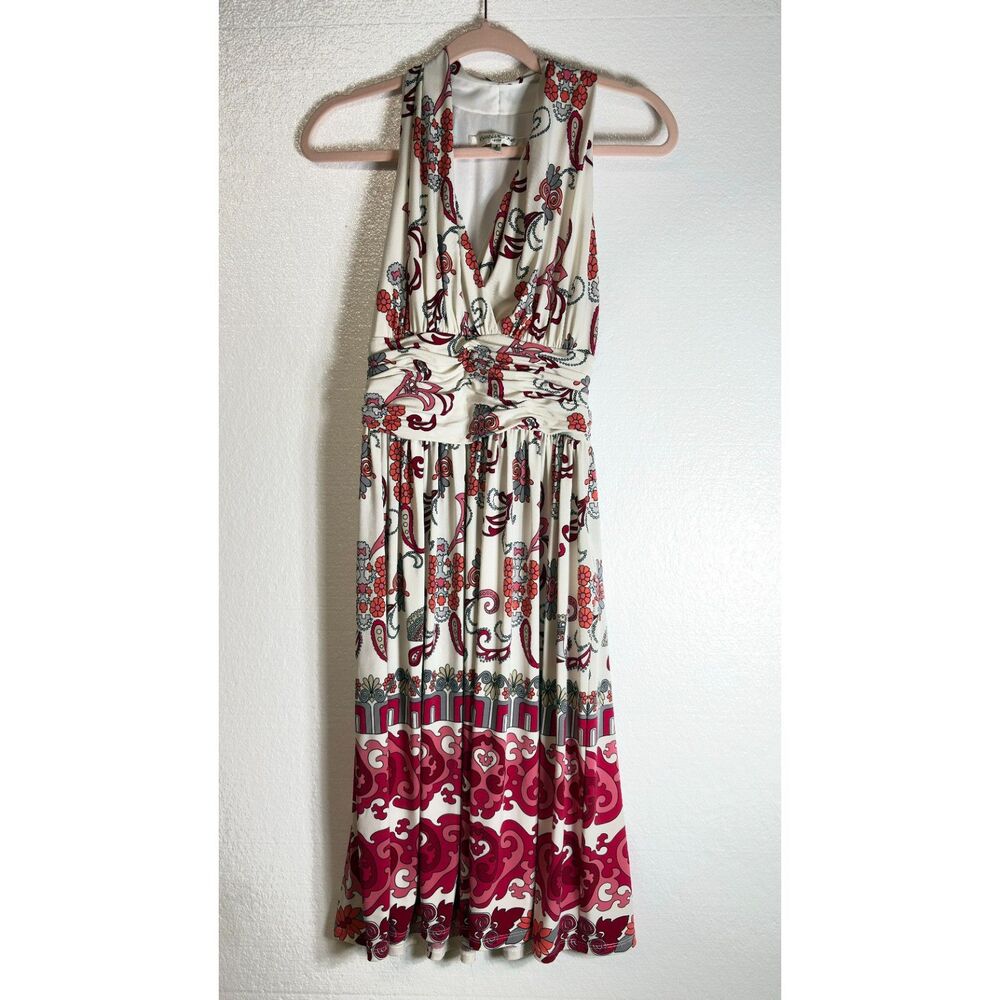 Evan Picone Draped Pleated Waist V-Neck Halter White Floral Paisley Dress Size 4 - Picture 2 of 12
